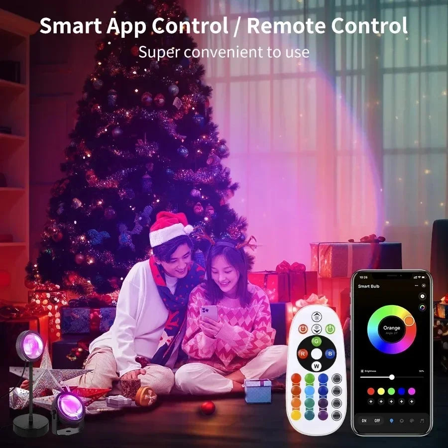 Tuya Smart Sunset Projector Lamp, RGB LED Spotlight with Smart Life App & IR Remote for Party, Photography & Night Light Decor
