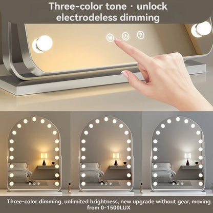 Large LED desktop makeup mirror with built-in bulbs, smart features, and rotatable design by Blushimmer for dressing table use.