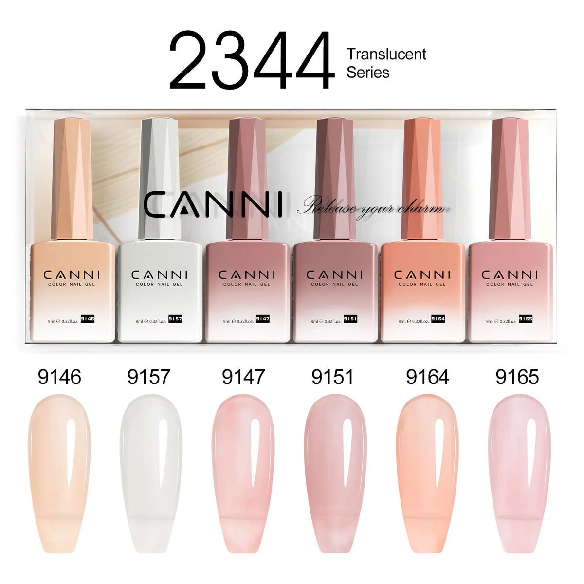 Blushimmer CANNI HEMA FREE nail gel polish set with 6 vibrant semi-permanent UV LED gel colors for professional manicures.