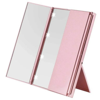 Blushimmer portable three-sided LED makeup mirror with adjustable lighting, ideal for travel and quick touch-ups.