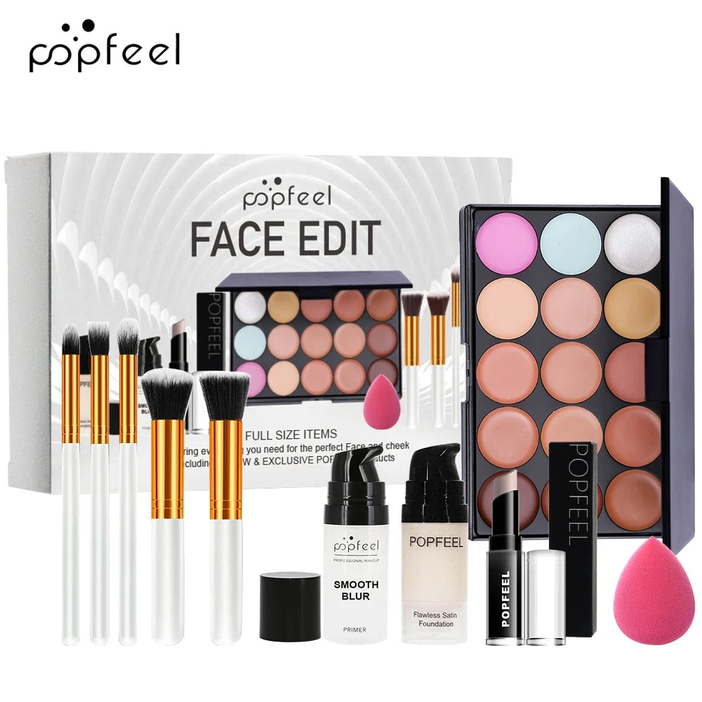 Blushimmer POPFEEL 10-piece face makeup set with foundation, concealer, and brushes for flawless beginner-friendly makeup application.