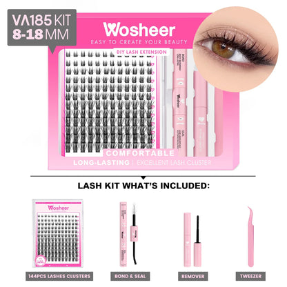 Blushimmer WOSHEER eyelash clusters kit with faux mink individual lashes, lash bond, seal, and remover for DIY eyelash extensions.