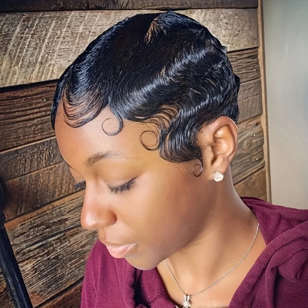 Black finger wave human hair wig with short pixie cut, Brazilian human hair, ocean wave style, machine-made by MISSHAIR Store