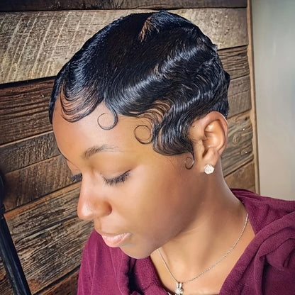 Black finger wave human hair wig with short pixie cut, Brazilian human hair, ocean wave style, machine-made by MISSHAIR Store