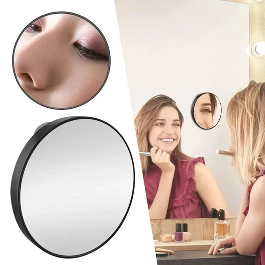 Blushimmer round magnifying mirror with suction cup, 5X/10X/15X magnification for makeup, shaving, and grooming in bedroom or vanity.