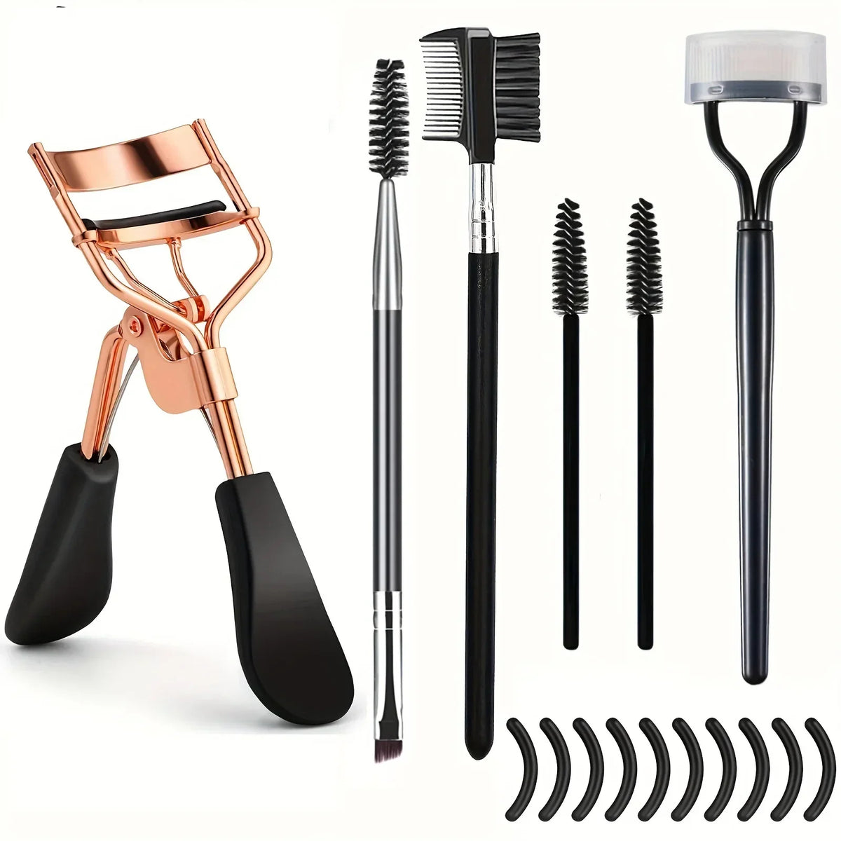 Blushimmer eyelash curler set with replacement pads, tweezers, clips, mascara wands, and brushes for women's lash styling.