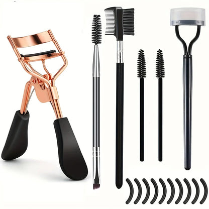 Blushimmer eyelash curler set with replacement pads, tweezers, clips, mascara wands, and brushes for women's lash styling.