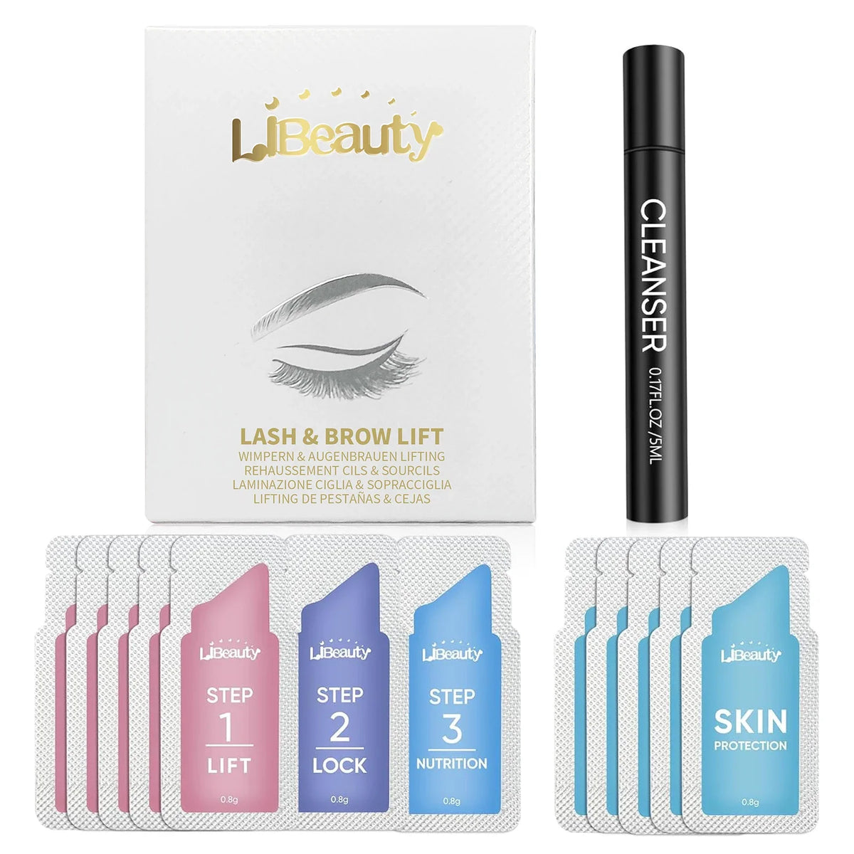 Libeauty Brow Lamination and Lash Lift Kit by Blushimmer with 20 individual sachets, featuring tools and products for brow and lash styling.