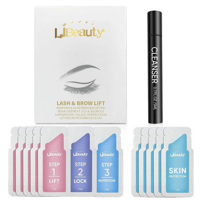 Libeauty Brow Lamination and Lash Lift Kit by Blushimmer with 20 individual sachets, featuring tools and products for brow and lash styling.