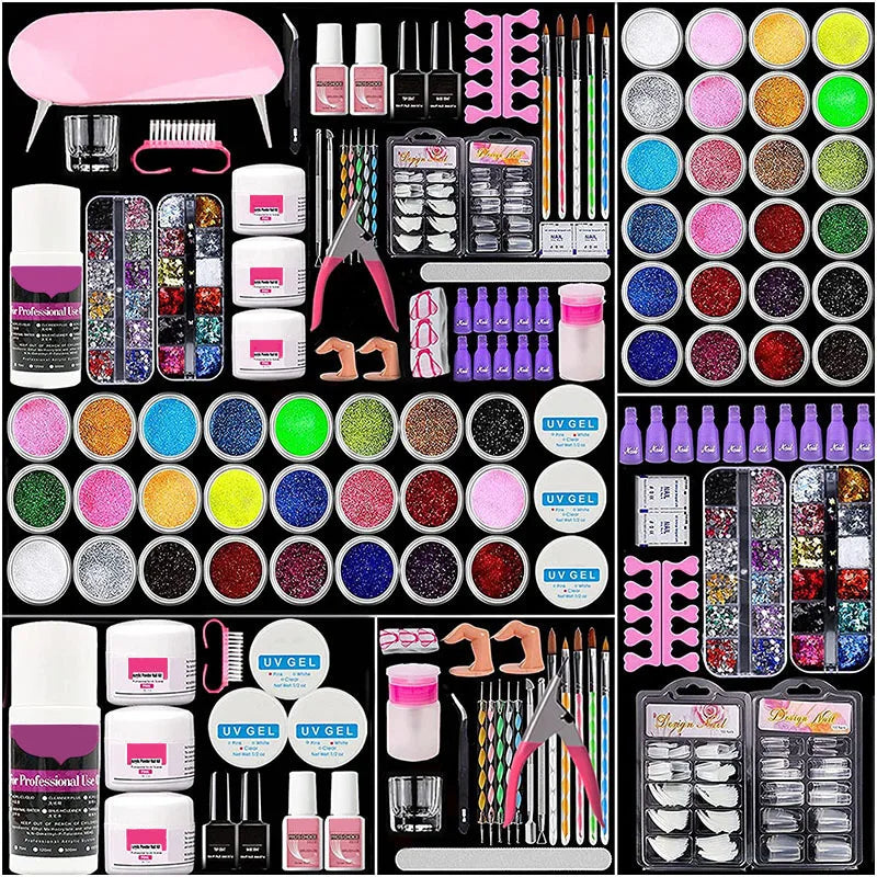 Blushimmer acrylic nail kit with acrylic powder, liquid, UV lamp, and gel nails for DIY manicure and gift-giving.