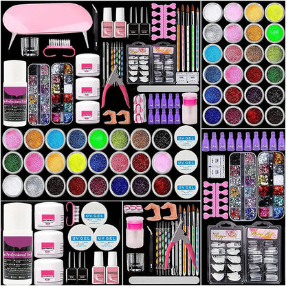 Blushimmer acrylic nail kit with acrylic powder, liquid, UV lamp, and gel nails for DIY manicure and gift-giving.