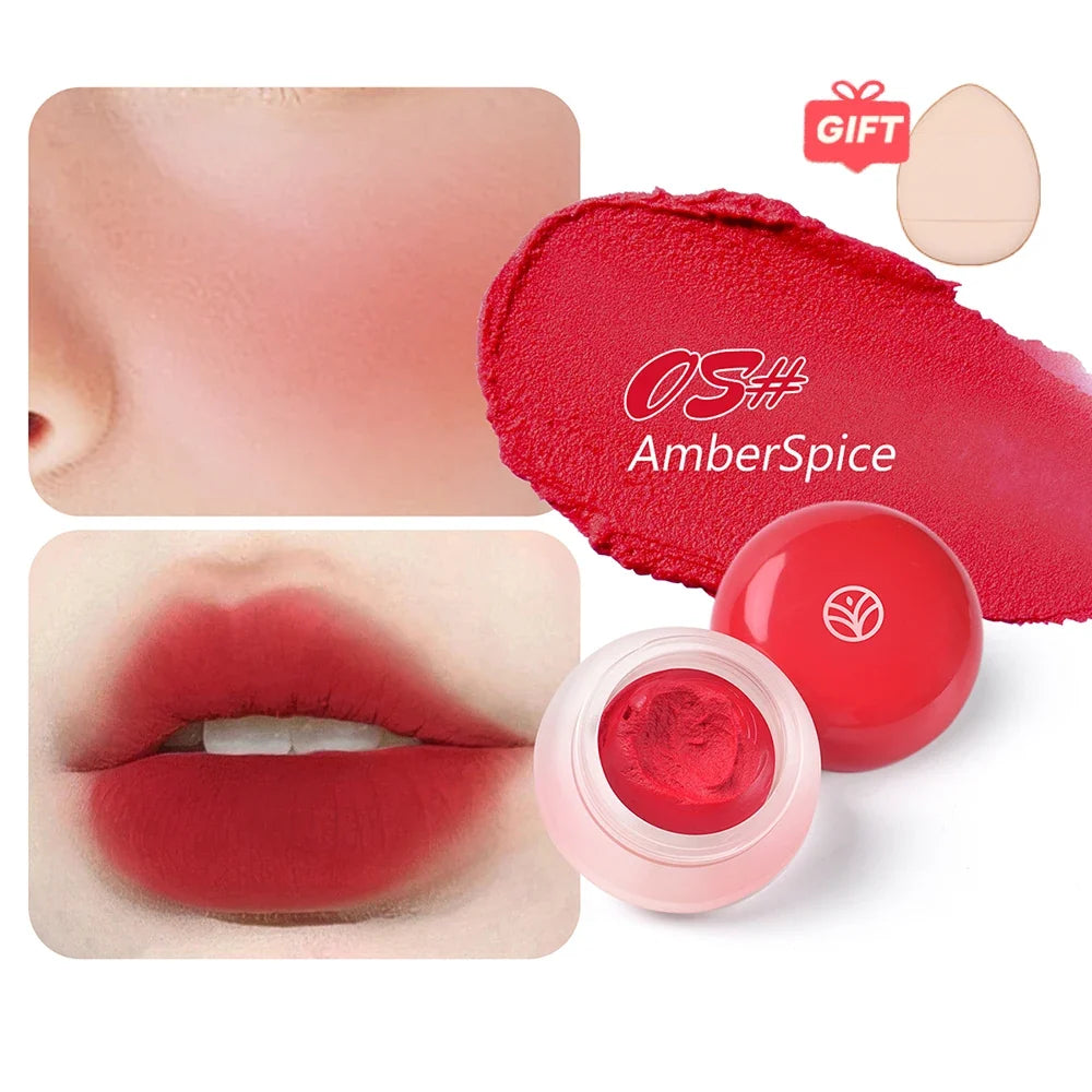 Blushimmer mousse texture powder blusher with six color options, matte velvet finish, and a finger powder puff applicator.