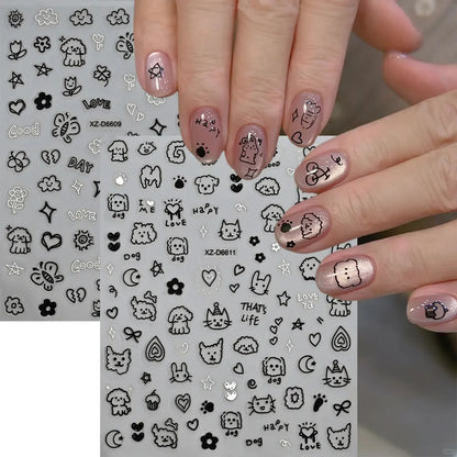 Set of 12 colorful cartoon dog and cat nail art stickers with 3D graffiti design, self-adhesive, ideal for creative manicure decorations.
