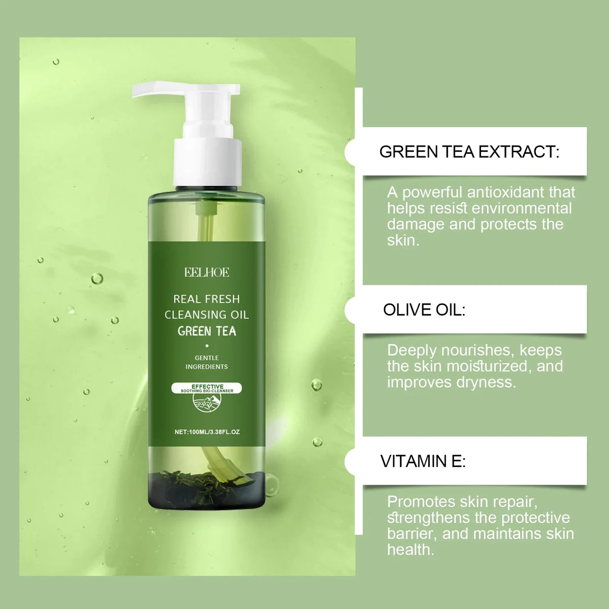 Blushimmer green tea cleansing oil in a 100ml bottle, soothing and moisturizing face makeup remover with exfoliation and oil control properties.