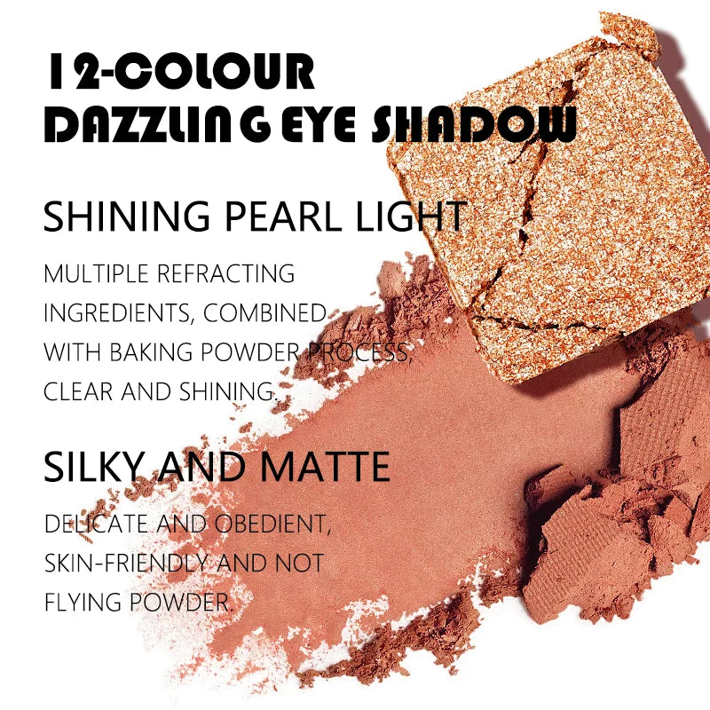 Blushimmer 12-color eyeshadow palette with pearlescent shimmer shades, waterproof formula, featuring 30g of versatile eye makeup.
