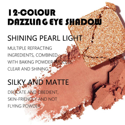 Blushimmer 12-color eyeshadow palette with pearlescent shimmer shades, waterproof formula, featuring 30g of versatile eye makeup.