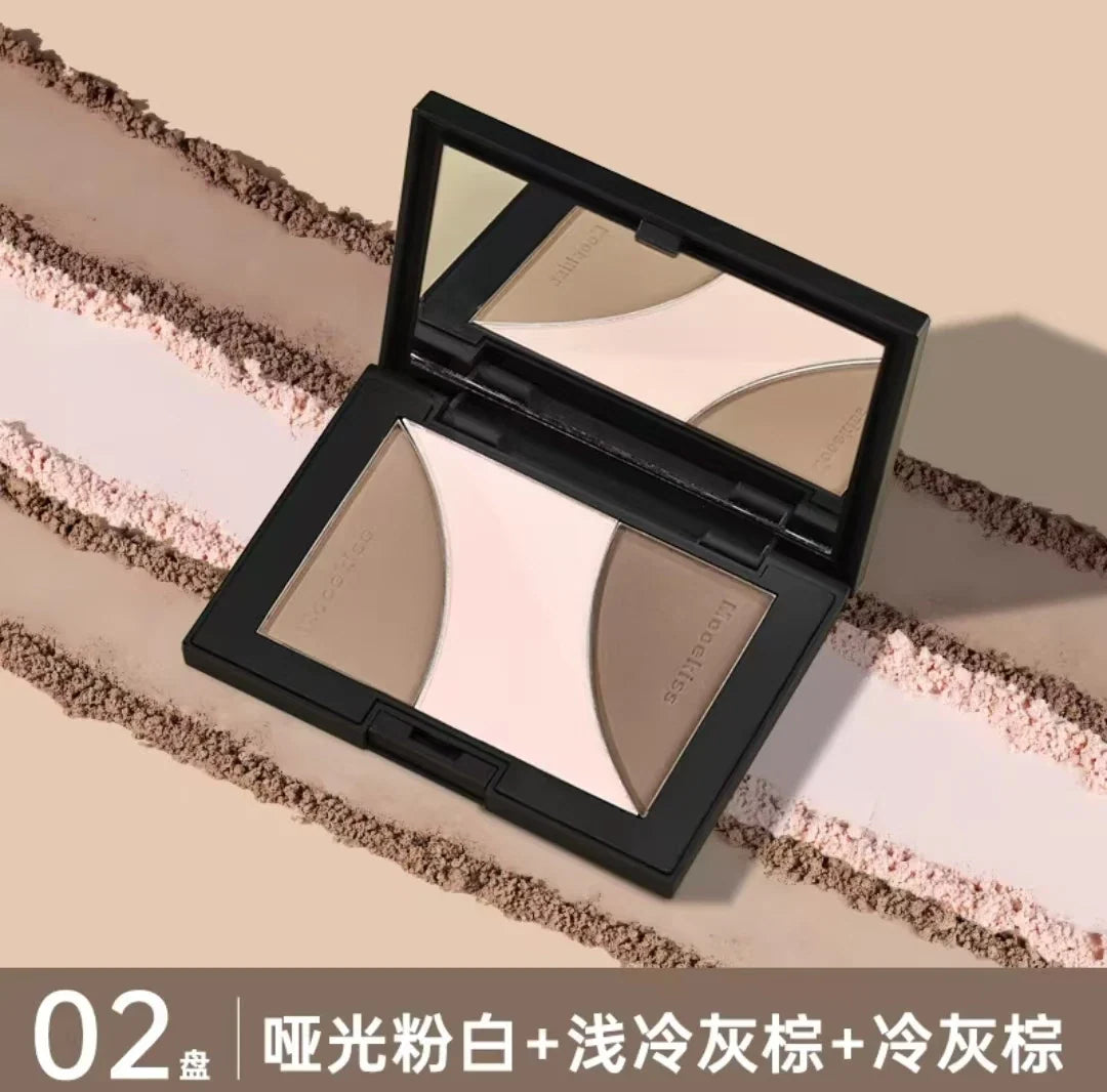 Blushimmer Mooekiss highlighter, contour, blush powder palette with three matte and pearlescent shades for face and eye makeup.