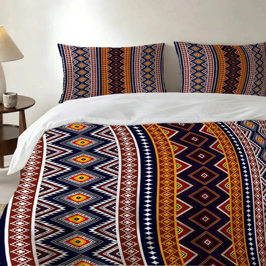 High-definition digital printed bedding set with ethnic geometric and floral patterns, includes duvet cover and pillowcases for bedroom decor.
