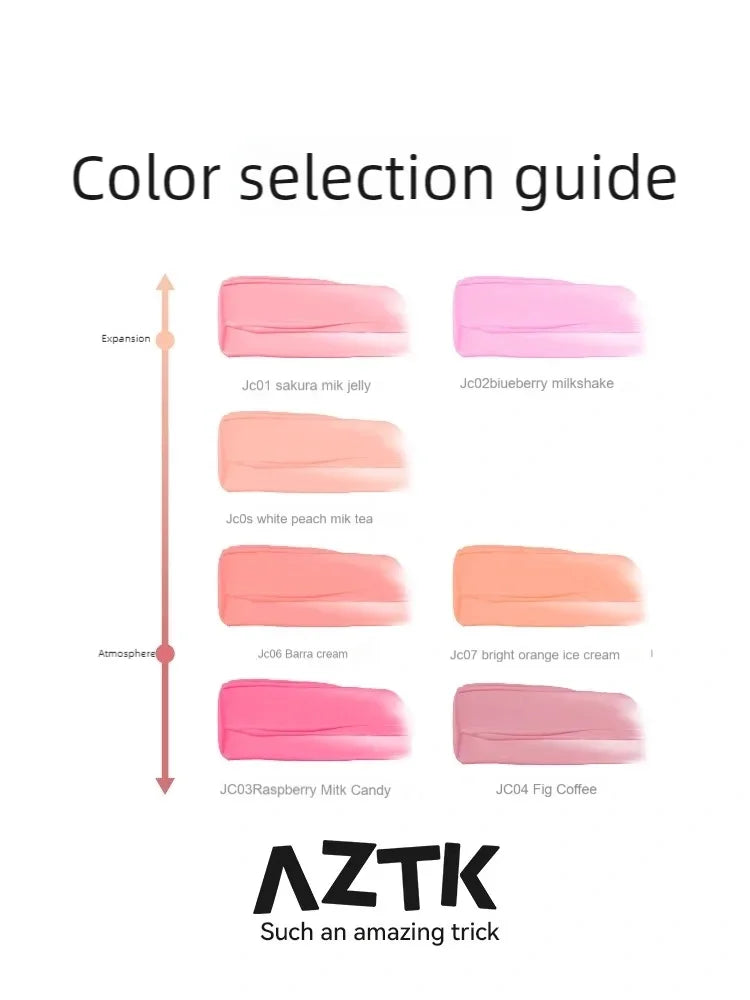 Blushimmer AZTK liquid blush in purple and blue shades, featuring a matte finish and contorting, brightening cheek color.
