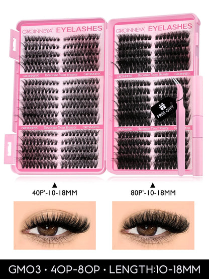 GROINNEYA Lash Clusters Kit Cat Lashes 640 Pcs with Lash Bond & Seal Cluster Eyelash Extensions Eyelash Clusters Kit DIY at Home