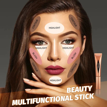 Blushimmer liquid contouring highlighter stick with matte finish, highlighting nose shadow and small V face contouring.