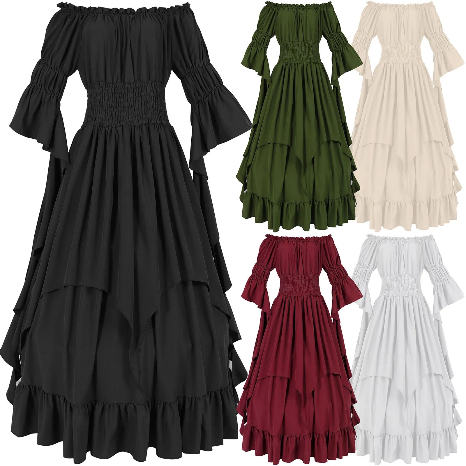 Women Medieval Vintage Dress Off Shoulder Ruffle Long Renaissance Victorian Dresses Cosplay Retro Court Gown Halloween Costume