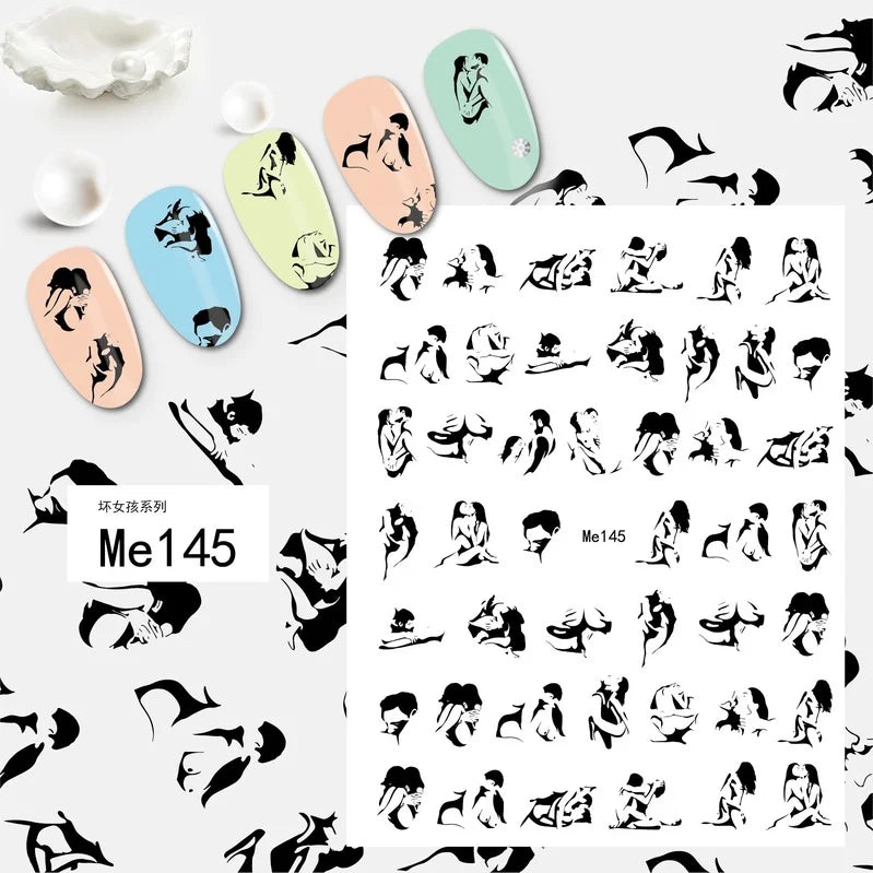 Black and white nail art stickers by Blushimmer featuring sexy woman and girl designs for press-on nails and nail decoration.
