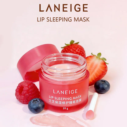 Laneige Lip Sleeping Mask 20g with gel-cream texture, showcasing soft, hydrated lips in a nighttime skincare setting.