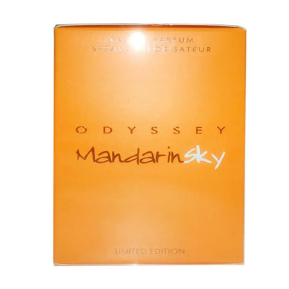Armaf Odyssey Mandarin Sky Elixir unisex perfume spray by Blushimmer, 3.4 oz bottle with decorative cap and sleek design.
