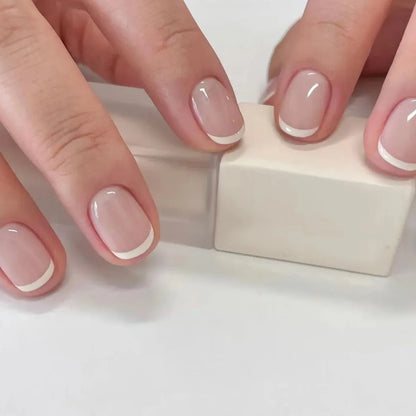 Set of 24 pink and white gradient square false nail tips with French press design by Blushimmer, short full cover press-on nails