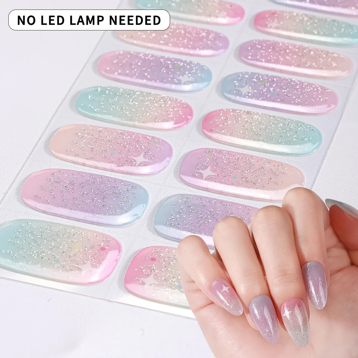Blushimmer 16Tips gradient starry sky gel nail strips with glitter, full cover sparkling nail stickers for DIY manicure decoration.