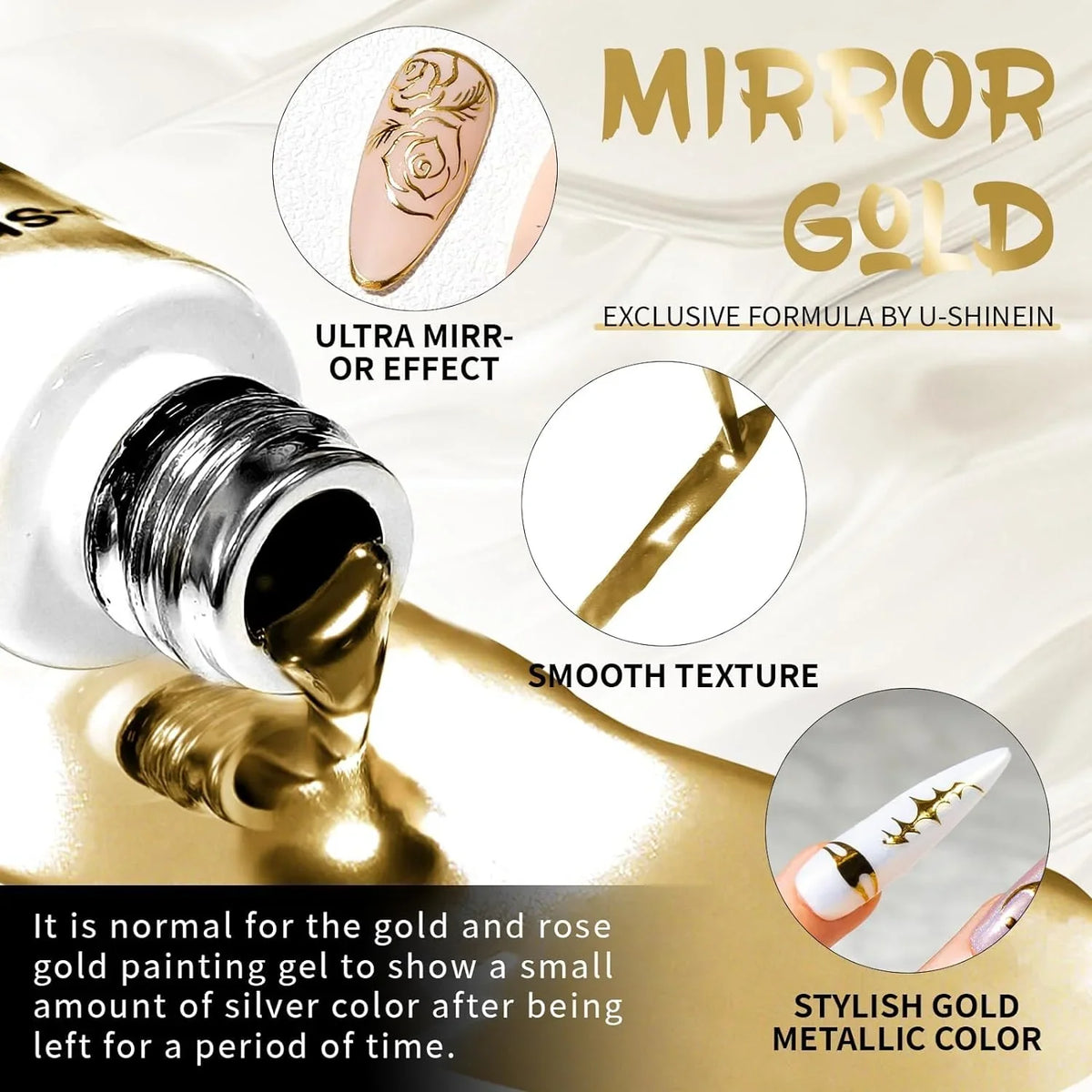 Blushimmer metallic nail gel in silver and gold, 5/8/10/12ml bottles, mirror chrome effect for UV/LED nail art and designs.