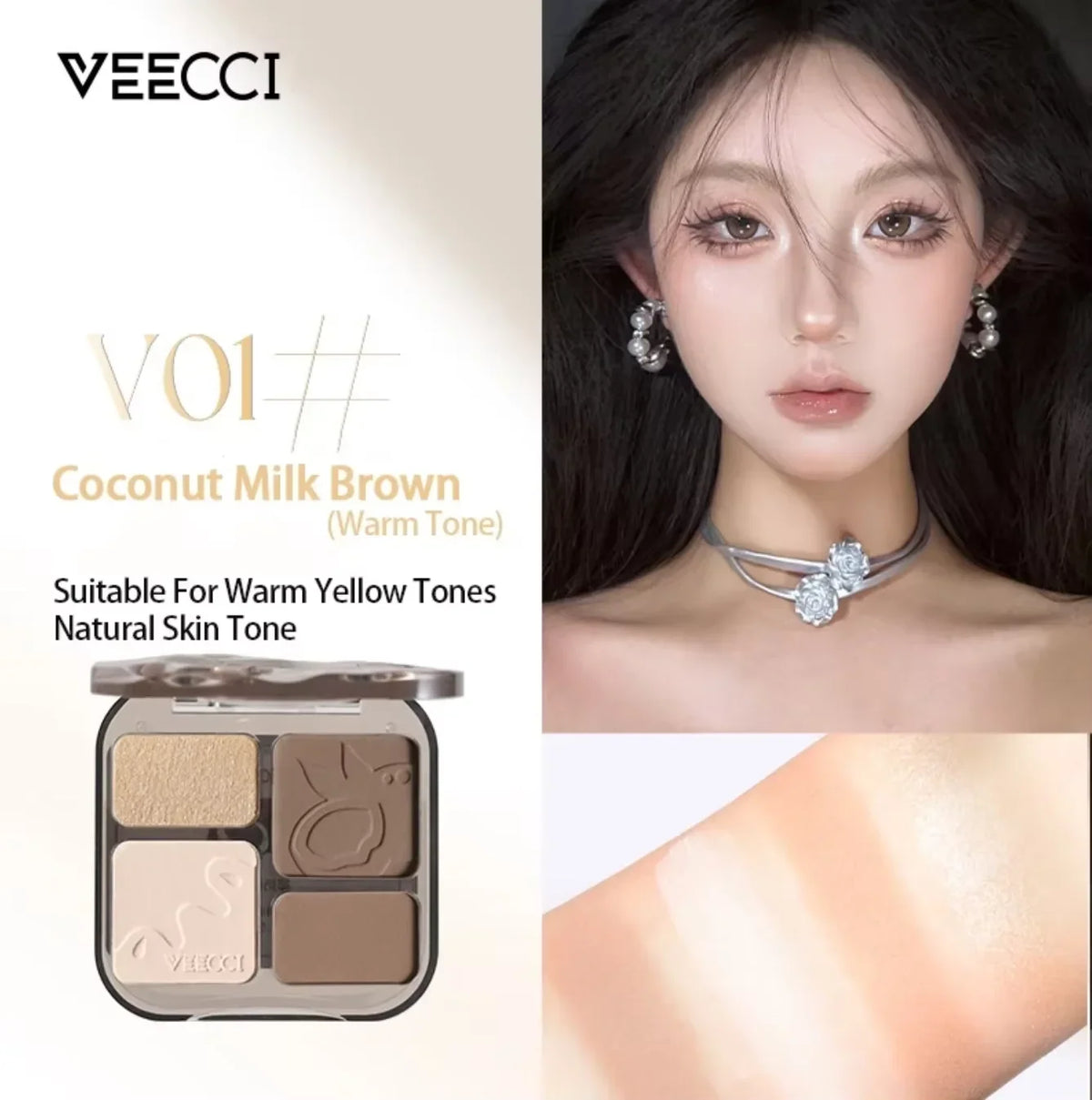 VEECCI contour palette by Blushimmer with four shades of matte and shimmer bronzer, highlighter, and nude tones for facial makeup