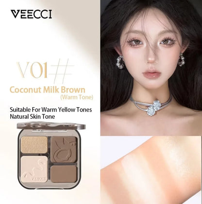 VEECCI contour palette by Blushimmer with four shades of matte and shimmer bronzer, highlighter, and nude tones for facial makeup