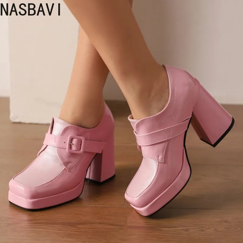 NASBAVI Ladies Pumps Square Toe Block Heels 9.5cm Platform 2cm Belt Buckle Plus Size 46 47 48 Fashion Dating Party Women Shoes