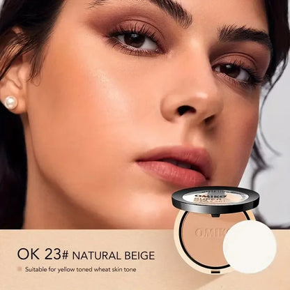 Blushimmer pressed waterproof face powder compact with full coverage, three-color control for long-lasting makeup setting.
