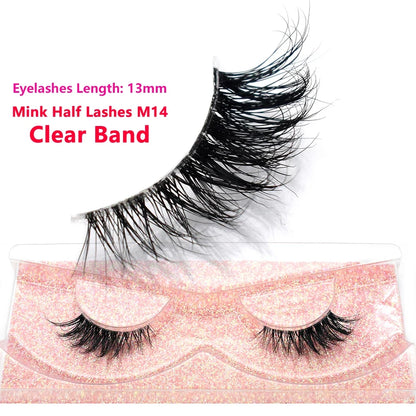 Blushimmer 3D mink fluffy half false eyelashes with clear band, natural, lightweight, reusable short eye strip lash extension.