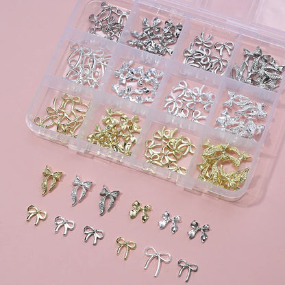Set of 120 Blushimmer 3D gold bow and butterfly nail charms with shiny decorative stars for luxury nail art.