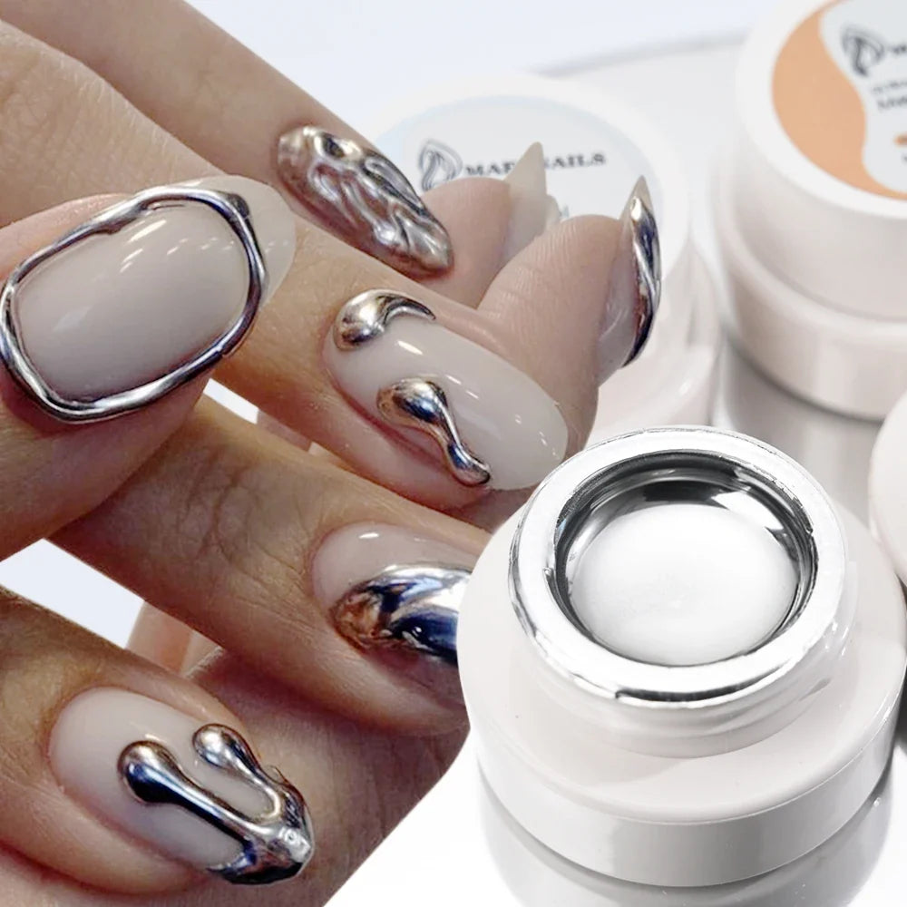 Blushimmer MingLee silver metallic gel nail polish with chrome, 3D metal finish, glossy mirror effect, 5ml bottle.