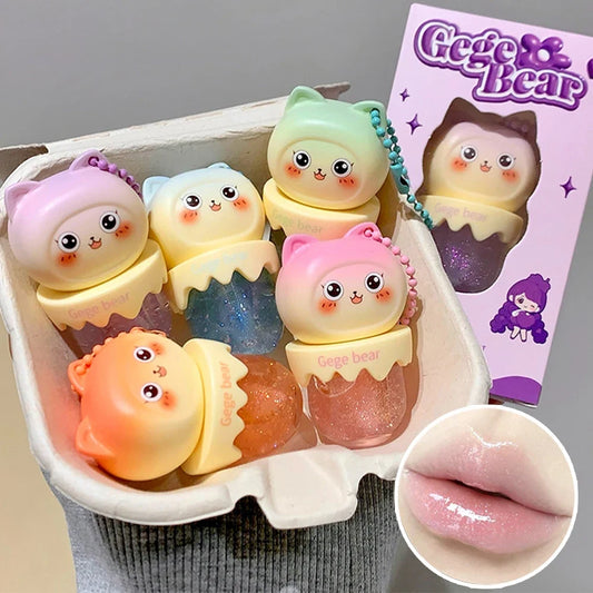 Blushimmer Gege Bear fruit-flavored lip oil in key pendant holder, hydrating and moisturizing lip balm reducing lip lines.