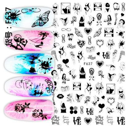 Black and white Blushimmer nail art stickers featuring sexy woman and girl designs for press-on, body, and nail decoration.