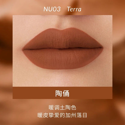 Blushimmer Kaleidos lipstick in matte velvet nude, featuring waterproof, long-lasting lip gloss and lip stain in a creamy Lip Mud finish.