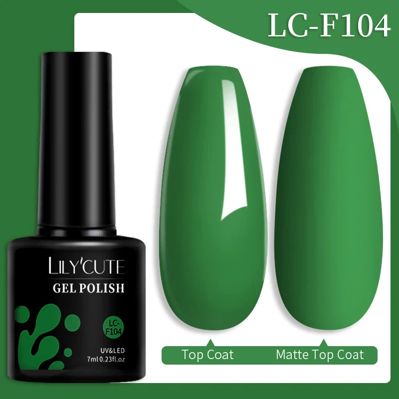 Colorful LilYCUTE 7ml gel nail polish bottles in a display, showcasing vibrant shades for long-lasting manicures and nail art.