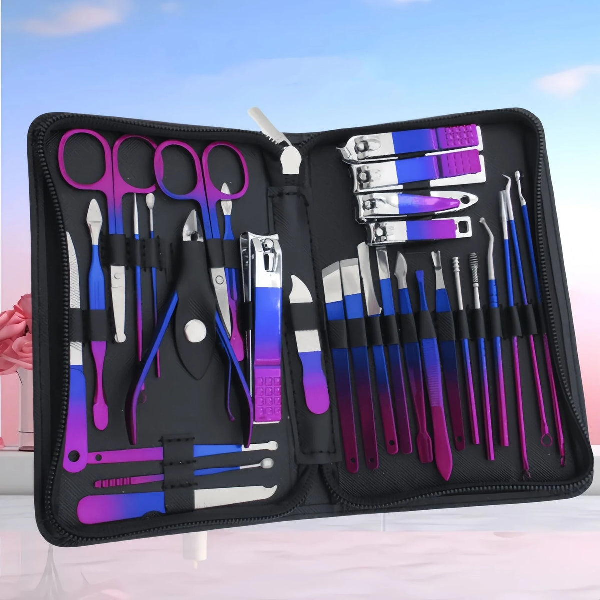 Blushimmer stainless steel manicure and pedicure set with 9-18 tools, travel case, nail clippers, and scissors for precise nail care.