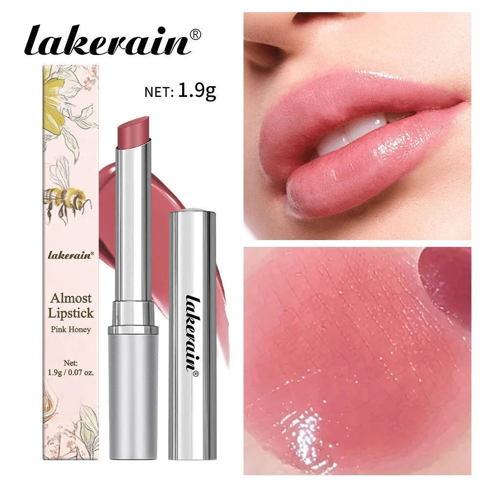 Blushimmer Vitamin E pink honey lipstick balm with nourishing, moisturizing tinted formula and natural lip enhancement.