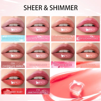 Blushimmer Catkin Lip Essence lipstick and lip gloss in a clear glass container, showcasing a glossy, moisturizing water glaze.