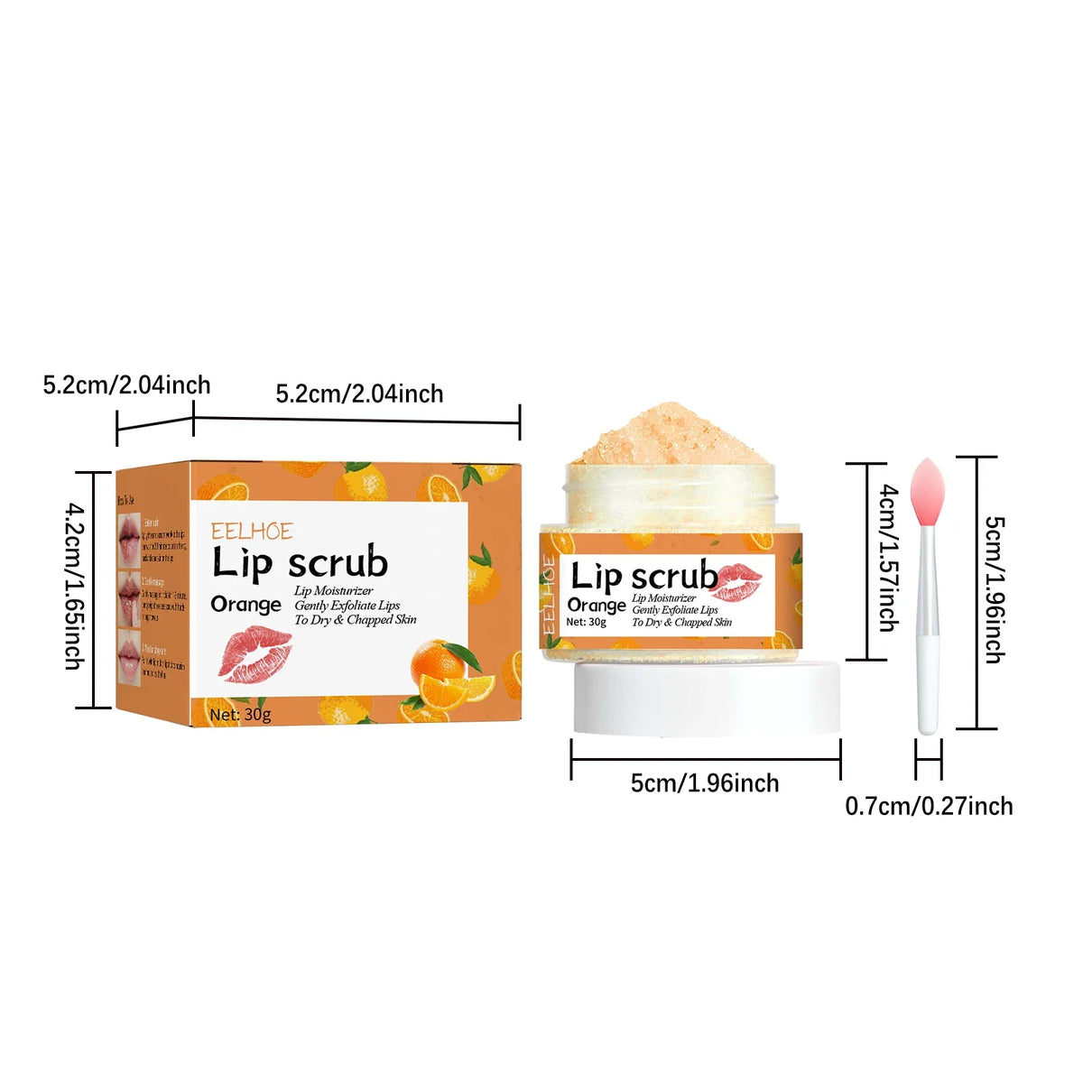 Blushimmer strawberry orange honey lip scrub with exfoliating texture, moisturizing and brightening lip care product in a jar.