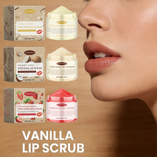 Blushimmer Coconut Vanilla Lip Scrub with exfoliating texture, moisturizing and smoothing chapped lips, removing dead skin for a plump look.