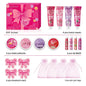 Set of 20 Blushimmer gift boxes with lip balm, hand cream, perfume, pink gift bag, bow, and thank you cards arranged together.