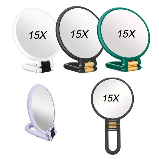 Blushimmer 2x to 15x magnifying makeup mirror, compact folding pocket mirror for women, with table stand feature.